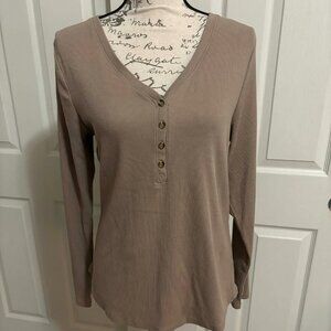 Sonoma Taupe Ribbed Henley Long Sleeve Top XL